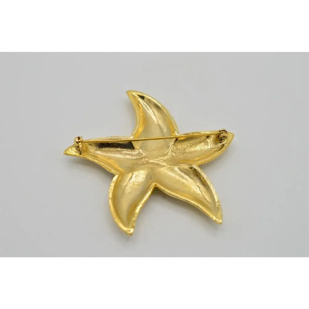 Vintage Star Flower Pin Brooch Large Starfish Gold Tone Chunky NOS 1980s 9B